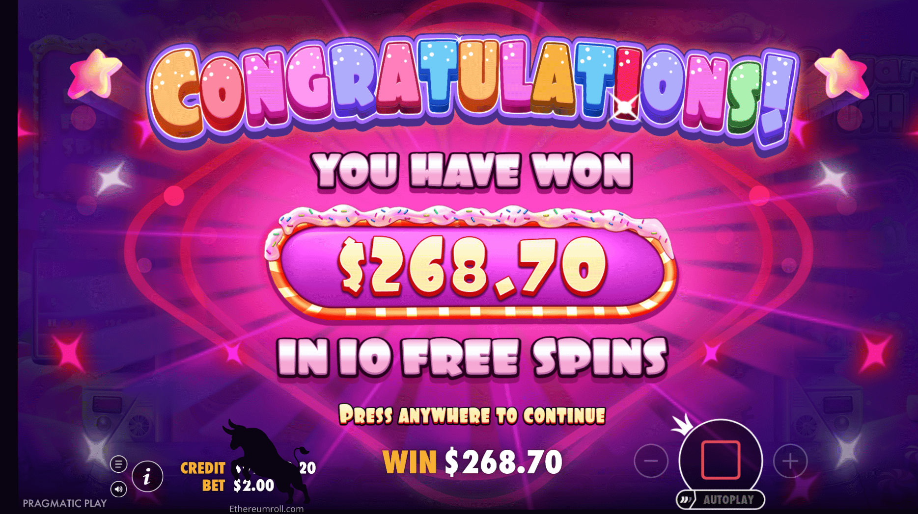 Sugar Rush - Pragmatic play - free spins win 268.70